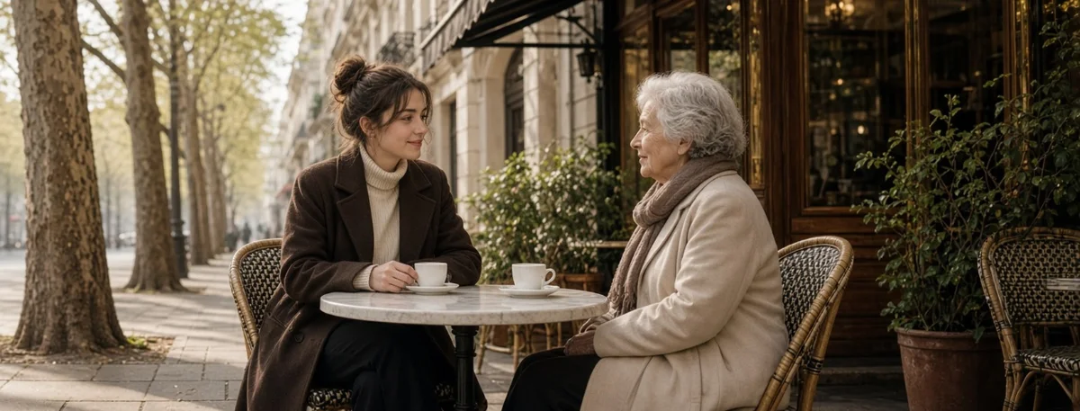 Une junior et une dame âgée discutent à la terrasse d'un café parisien