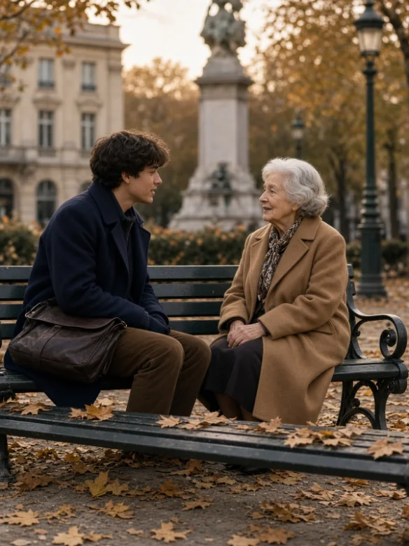 Un junior et une dame âgée assis sur un banc dans un square parisien