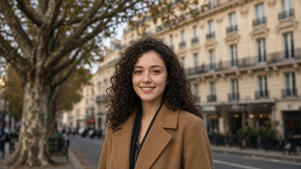 Portrait d'une junior souriante dans une rue de Paris