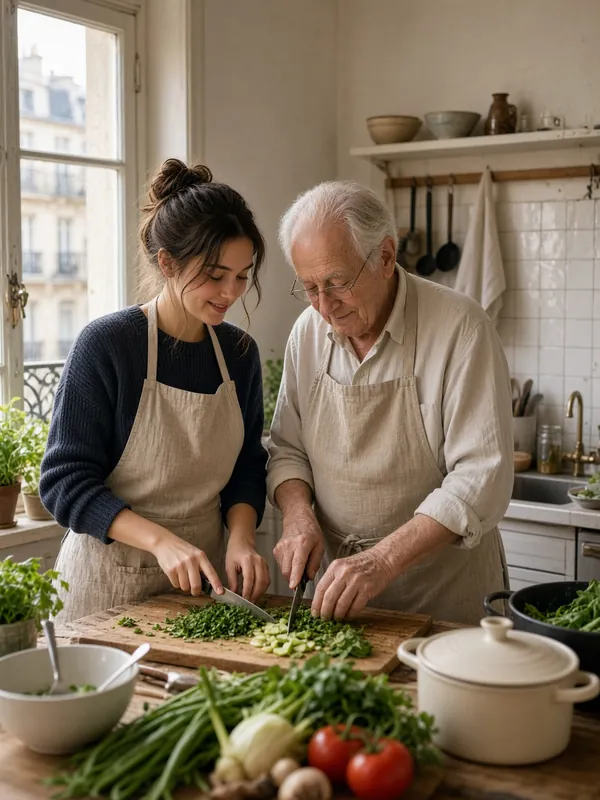 Cuisine — un junior avec une personne âgée
