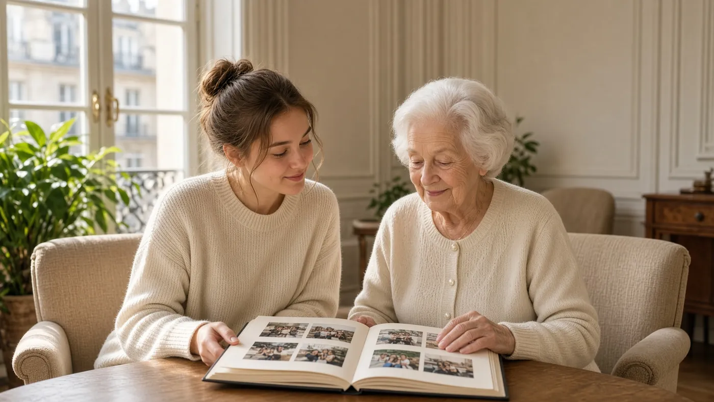Une junior et une dame âgée regardent un album photo ensemble